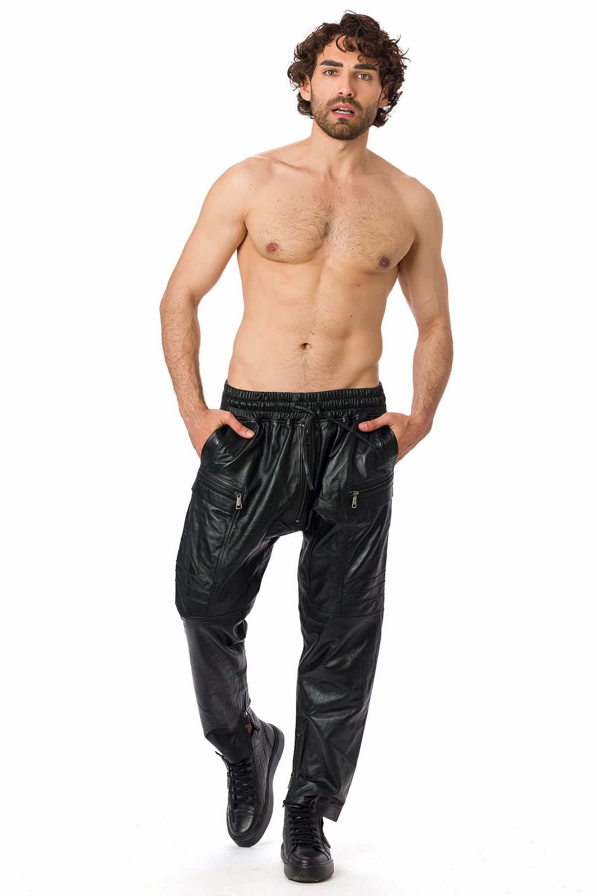 Men's loose fit Leather Pants. 100% High-End Quality Turkish Leather. Lambskin. Cold Weather Essentials. Elastic waistband. Side pockets.