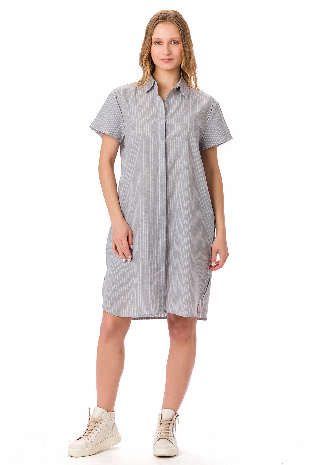 Suvi NYC Women's Striped Boyfriend Dress Button-Up Dress Tunic Style Side Pockets