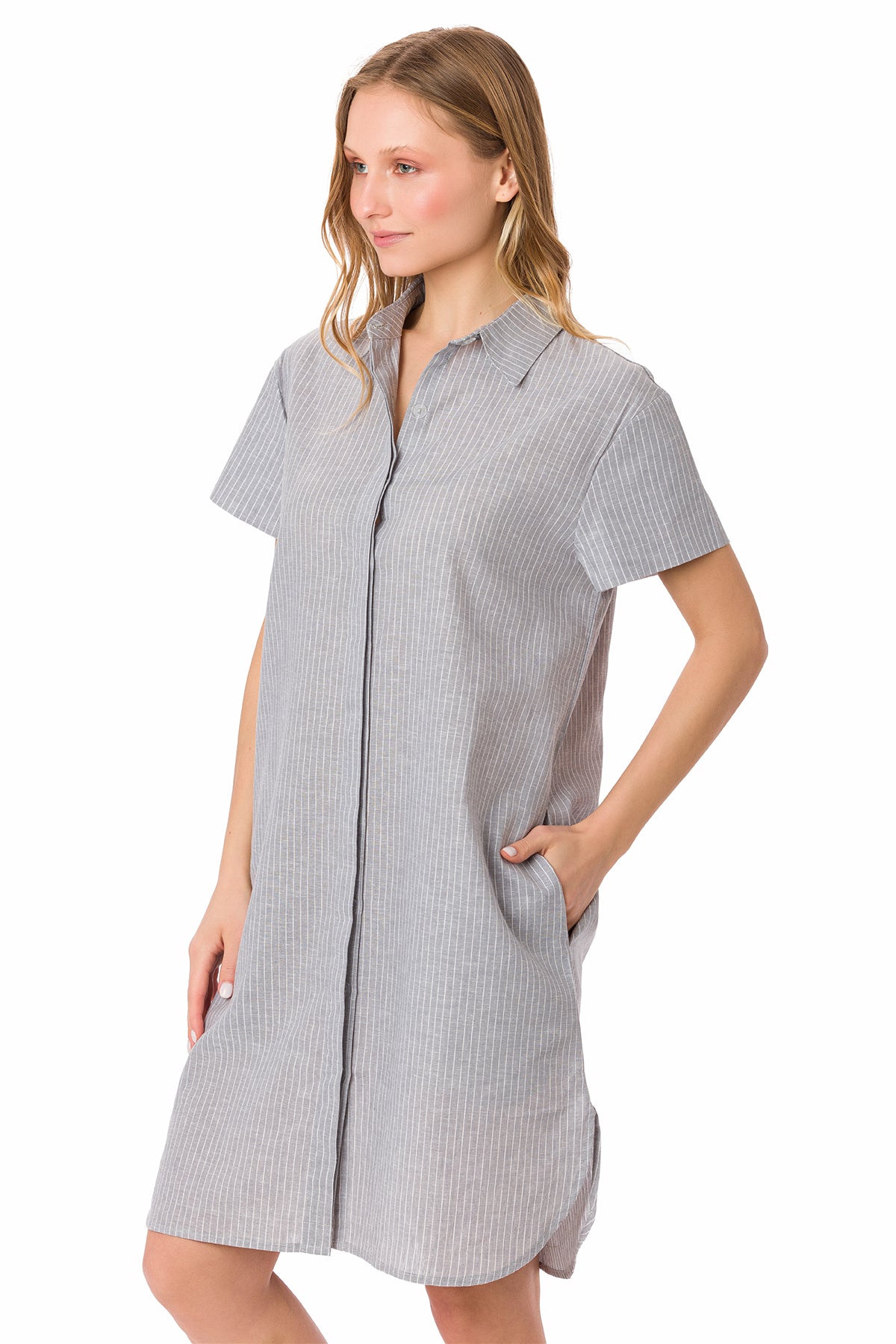 Suvi NYC Women's Striped Boyfriend Dress Button-Up Dress Tunic Style Side Pockets