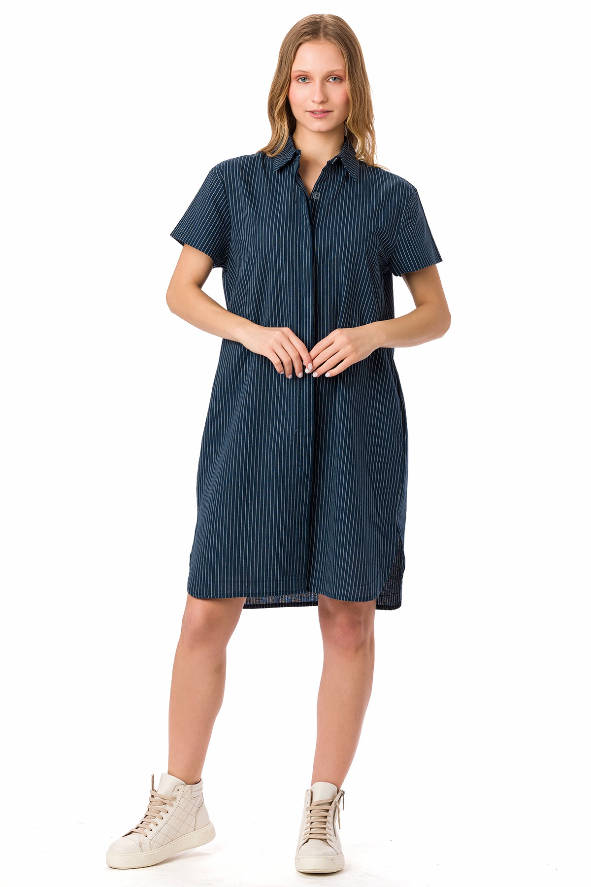 Suvi NYC Women's Striped Boyfriend Dress Button-Up Dress Tunic Style Side Pockets