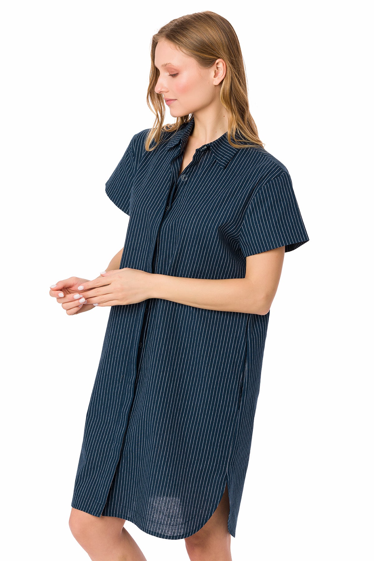 Suvi NYC Women's Striped Boyfriend Dress Button-Up Dress Tunic Style Side Pockets