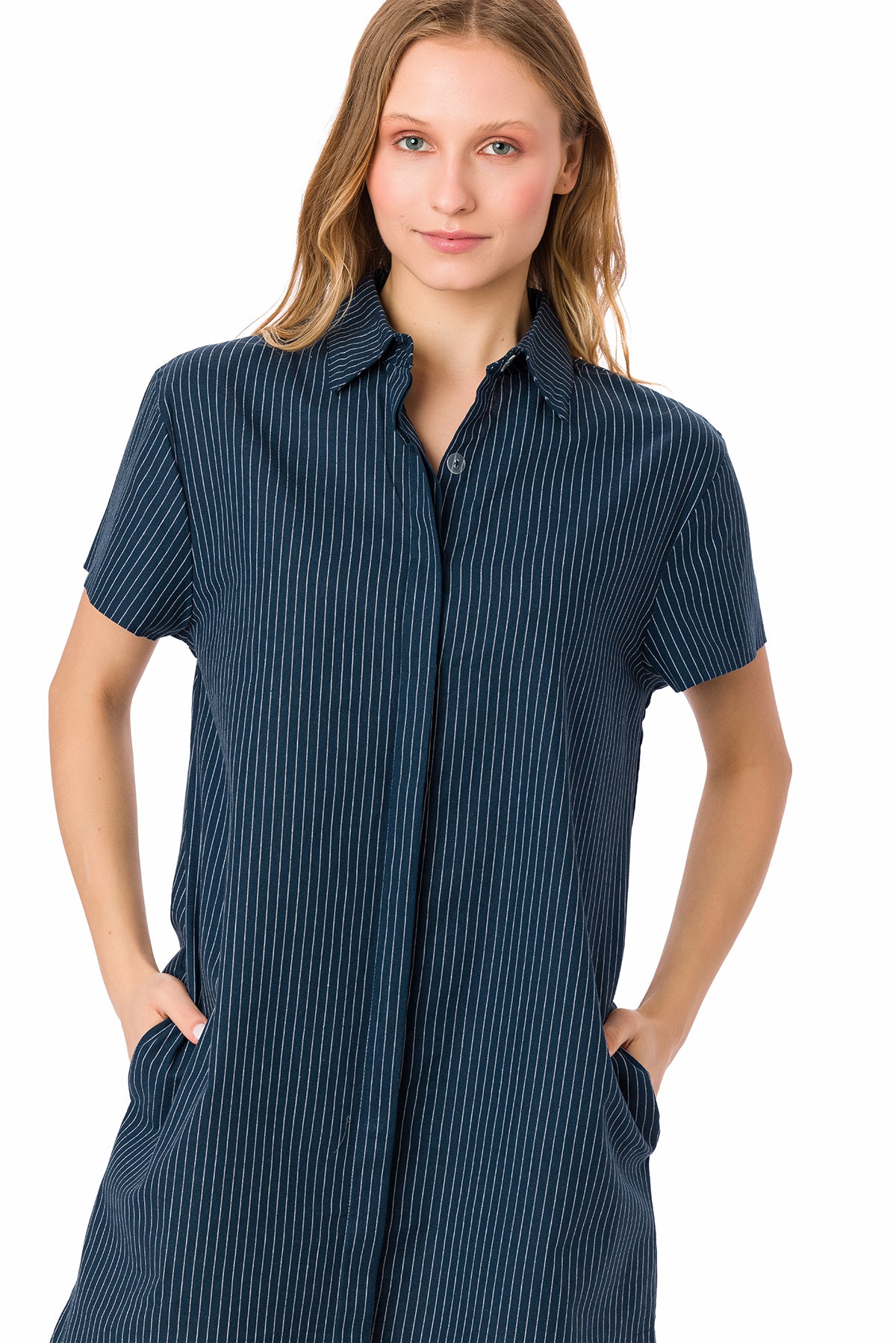 Suvi NYC Women's Striped Boyfriend Dress Button-Up Dress Tunic Style Side Pockets