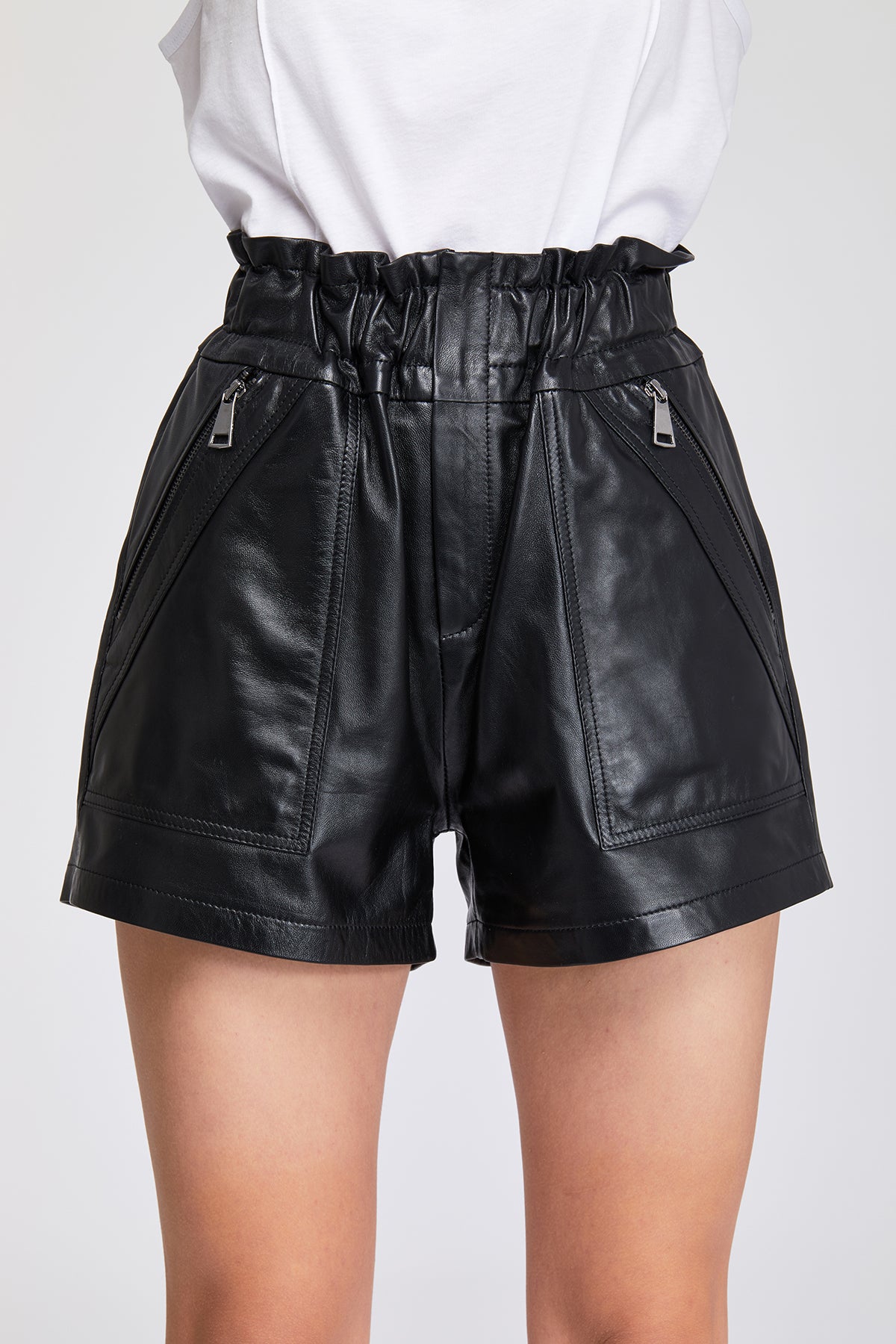 Suvi NYC Women's high waist real lambskin leather shorts.100 % quality Turkish leather. Luxurious, high-end, trendy, stylish.