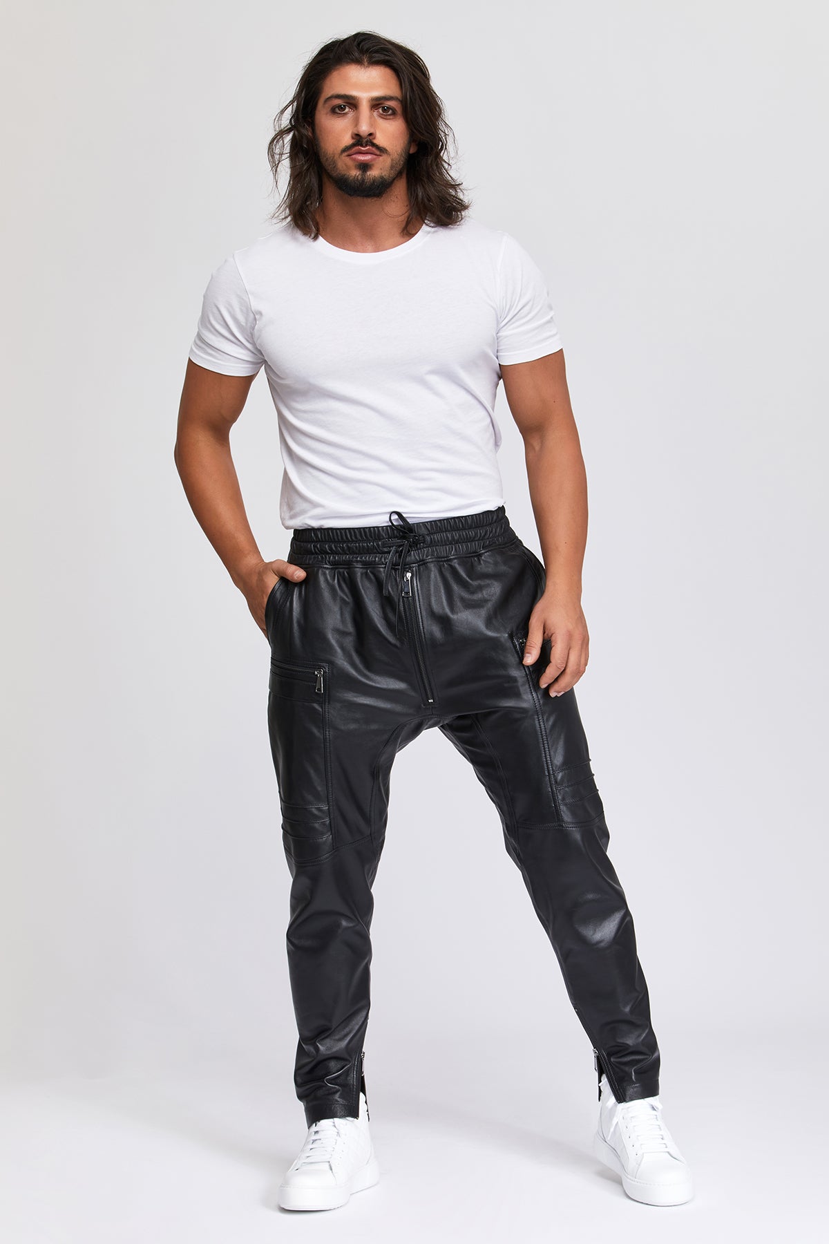 Men's loose fit Leather Pants. 100% High-End Quality Turkish Leather. Lambskin. Cold Weather Essentials. Elastic waistband. Side pockets.